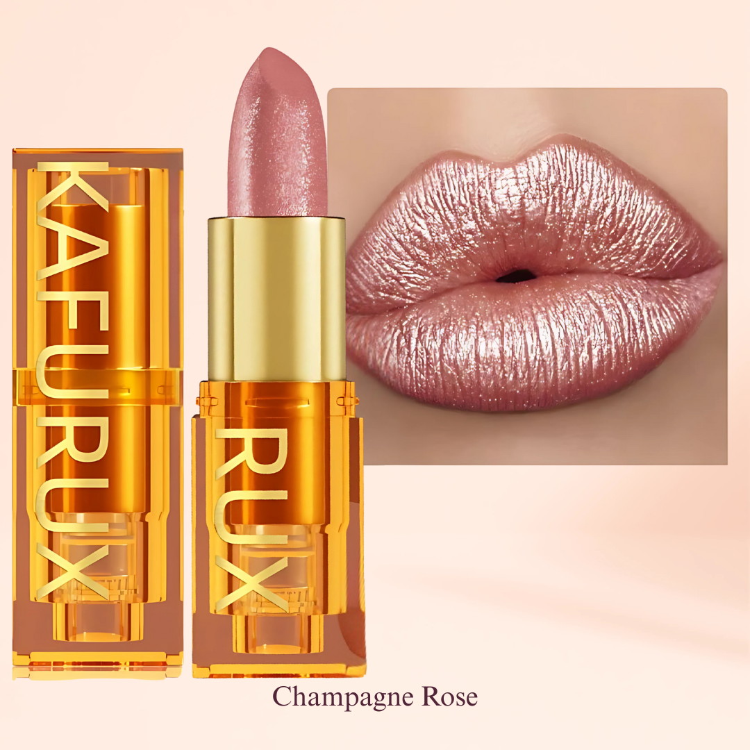 Champagne Rose Metallic Lipstick Swatch with Product Tube – KAFURUX Moisturizing High-Pigment Lipstick for Women – Long-Lasting, Non-Transfer – USA UK Europe