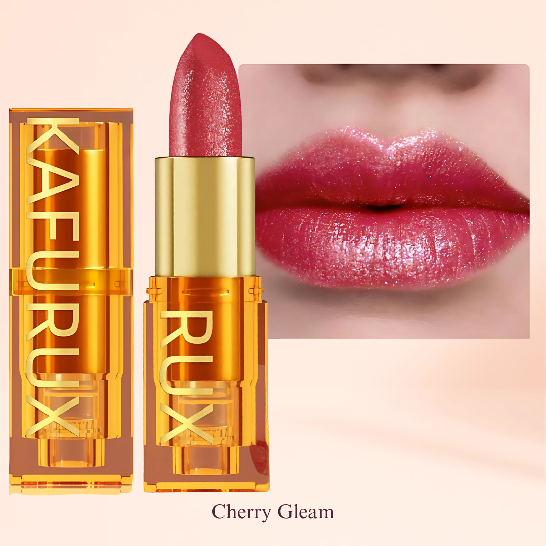 Cherry Gleam Shiny Lipstick Swatch with Product Tube – KAFURUX Moisturizing High-Pigment Lipstick for Women – Long-Lasting, Non-Transfer – USA UK Europe