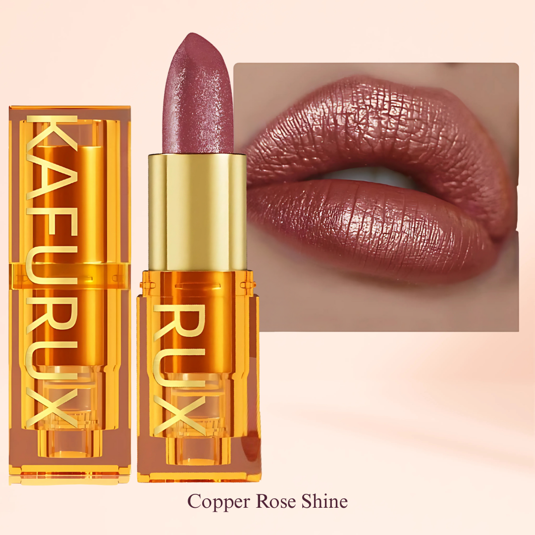Copper Rose Shine Lipstick in Deep Rose Metallic – KAFURUX Moisturizing High-Pigment Lipstick for Women – Long-Lasting, Non-Transfer – USA UK Europe