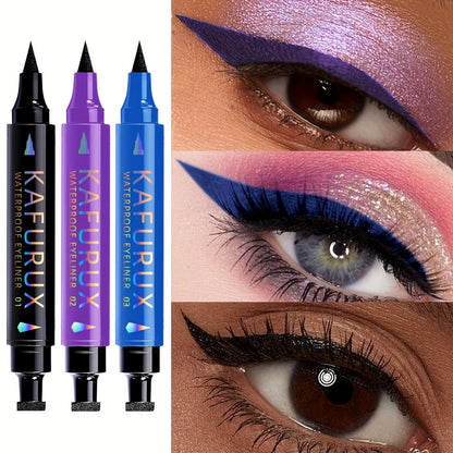 3pcs KAFURUX Waterproof Eyeliner - Black, Blue, Purple - Perfect for Clear Eye Contours & Travel Makeup, Travel Makeup Essentials | Vibrant Eyeliner | Waterproof Liner