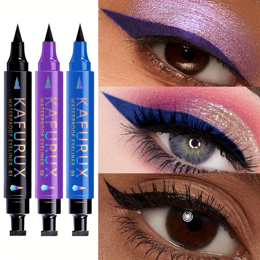 3pcs KAFURUX Waterproof Eyeliner - Black, Blue, Purple - Perfect for Clear Eye Contours & Travel Makeup, Travel Makeup Essentials | Vibrant Eyeliner | Waterproof Liner