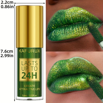 KAFURU 3.6ml Green Lip Glaze, Shiny Finish, Fuller-Looking, All Skin Types, Pearlescent Sparkle, Long-Lasting 24H, Paste Form