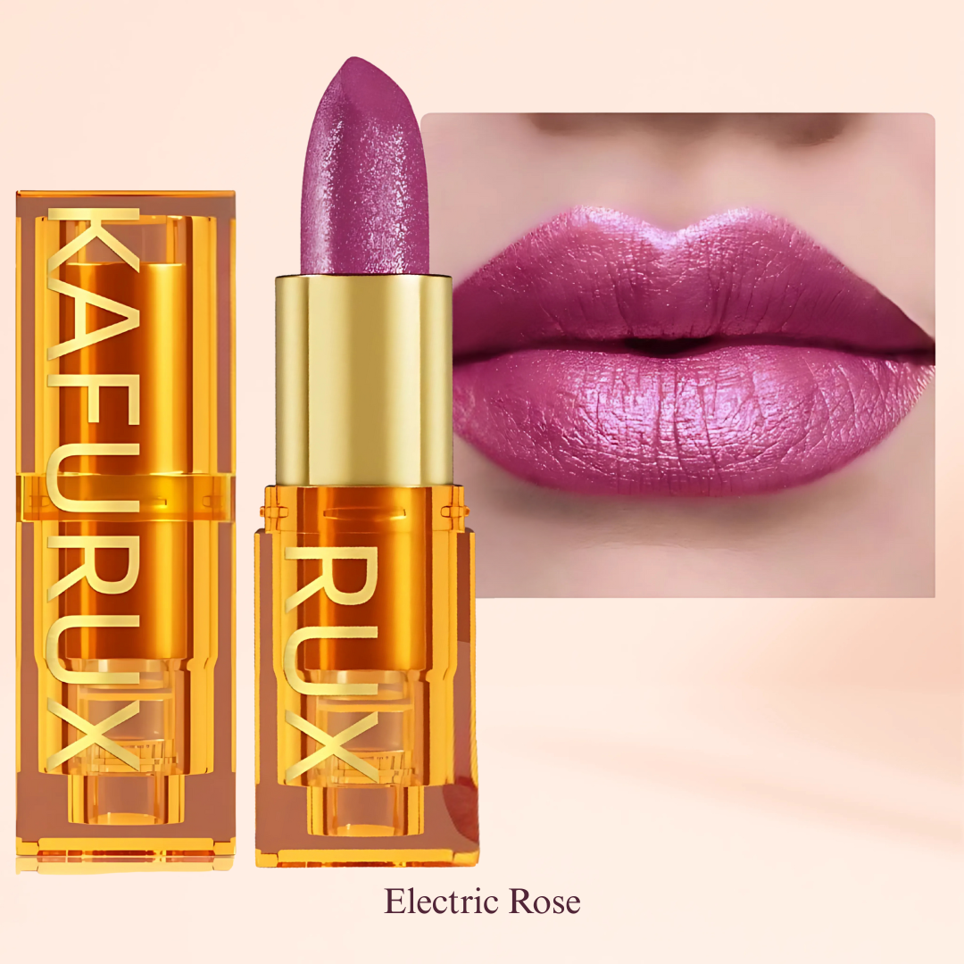 Electric Rose Metallic Lipstick on Lips with Product Tube – KAFURUX Moisturizing High-Pigment Lipstick for Women – Long-Lasting, Non-Transfer – USA UK Europe