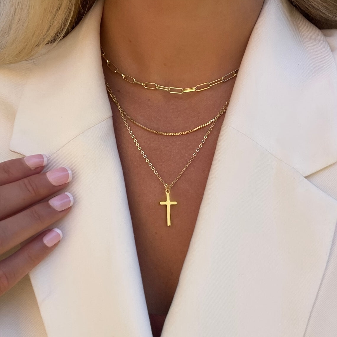 Conjunto de collar con colgante de cruz bañado en oro 3 en 1