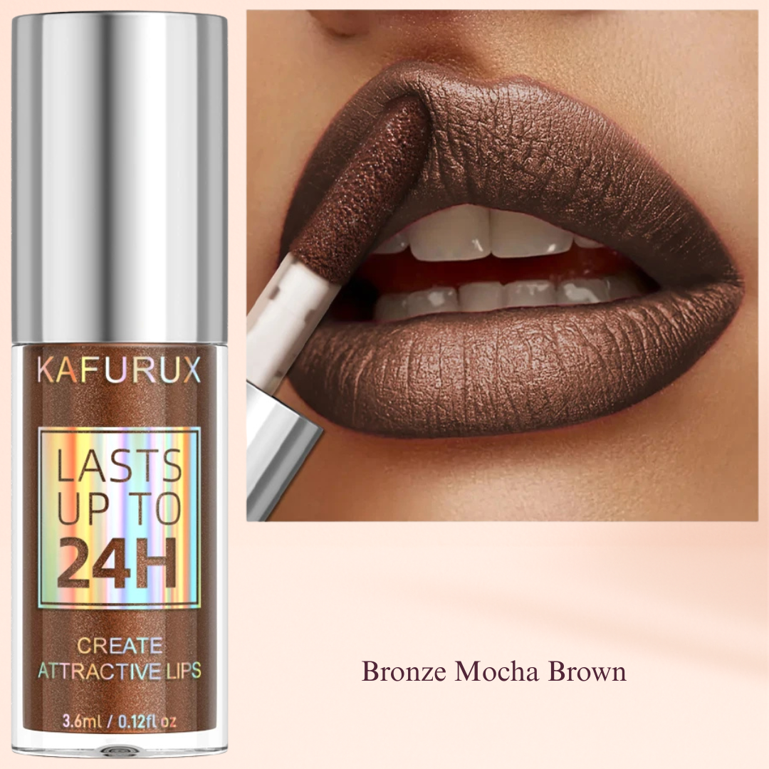Bronze Mocha Brown lip gloss by KAFURUX – rich waterproof shimmer for UK autumn looks