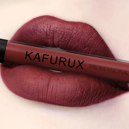 Deep burgundy waterproof matte lipstick by KAFURUX for dramatic European glam look