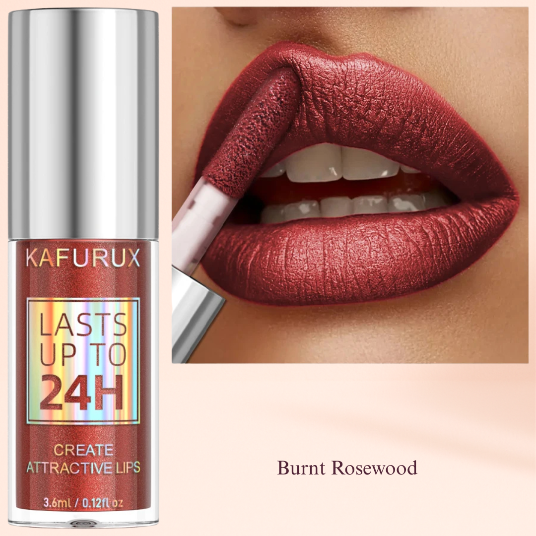 KAFURUX Burnt Rosewood metallic lip gloss – rich reddish tone with 24H wear for US beauty lovers