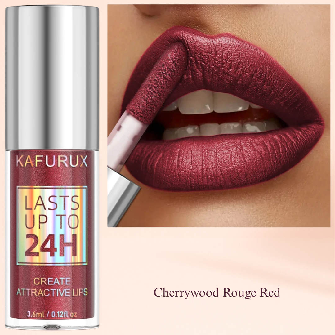 Cherrywood Rouge Red shimmer lip gloss by KAFURUX – classic deep red lip tint for UK markets