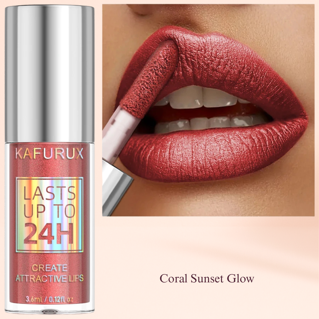 Coral Sunset Glow waterproof lip gloss by KAFURUX – vivid coral shimmer for USA lips