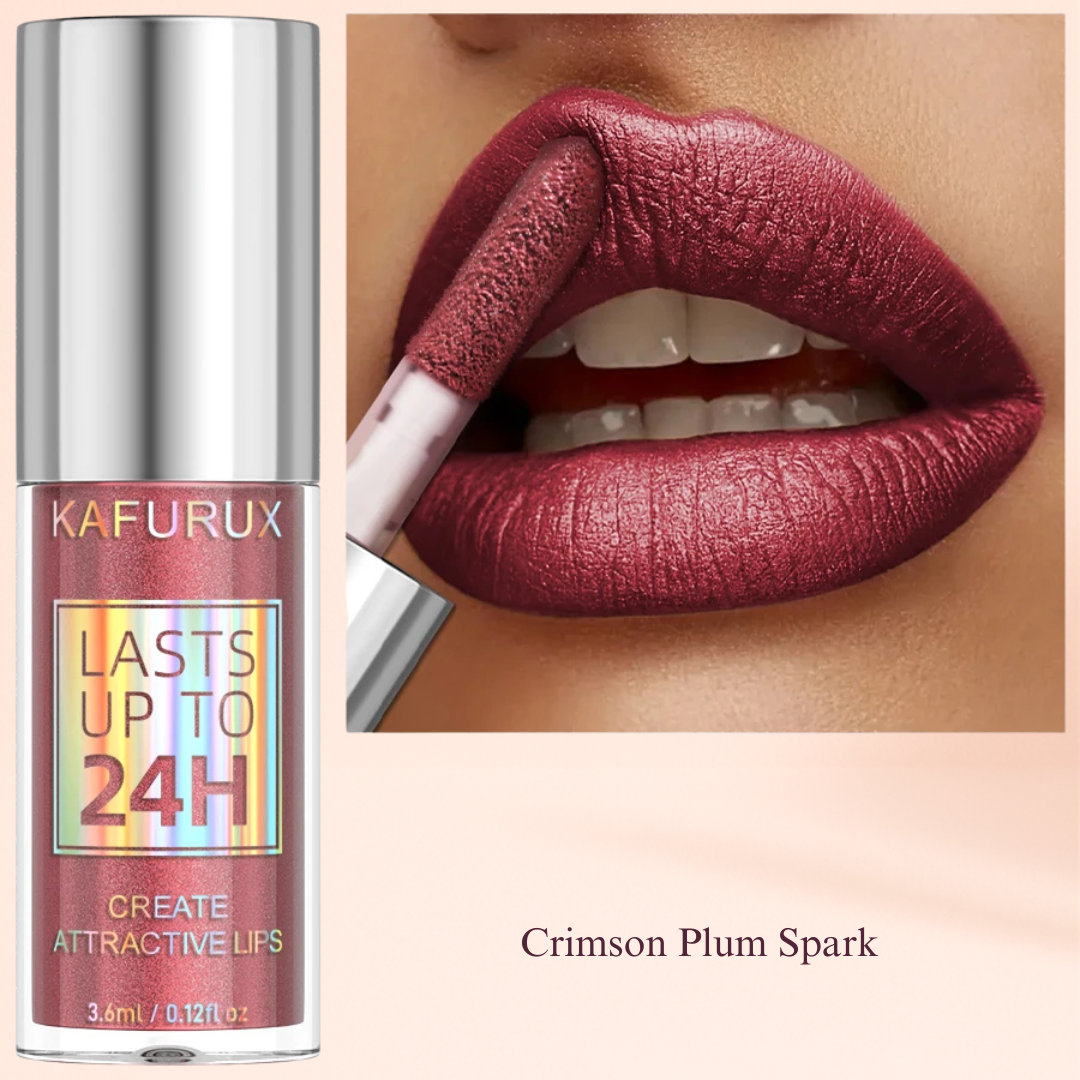 Crimson Plum Spark shimmer lip gloss – berry tone glam by KAFURUX, long wear for UK/USA