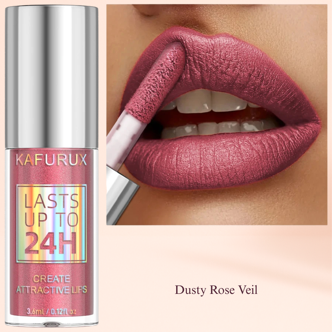 Dusty Rose Veil shimmer lip glaze by KAFURUX – mauve pink waterproof gloss for UK elegance