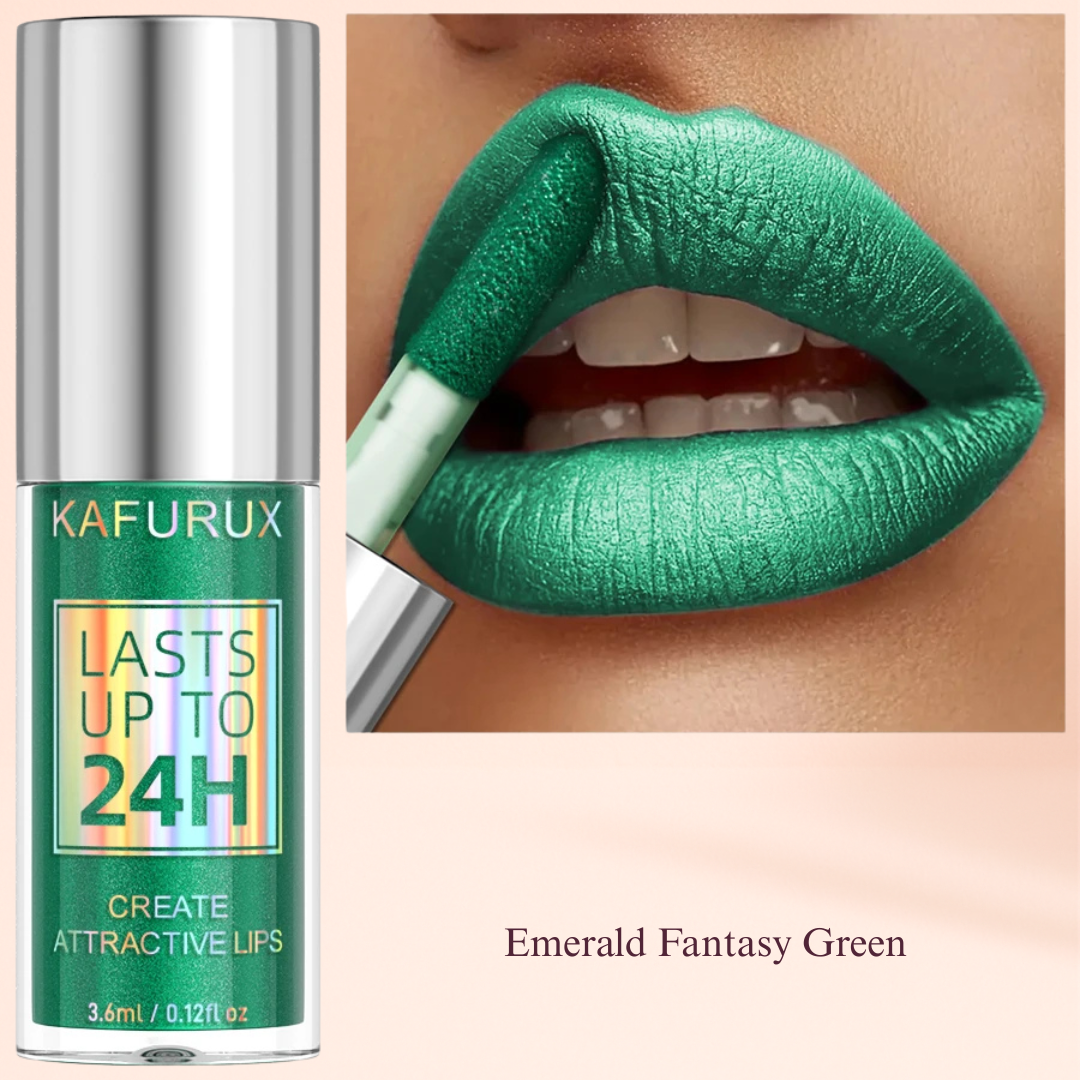 KAFURUX Emerald Fantasy Green waterproof lip gloss – bold shimmer look for festival makeup EU