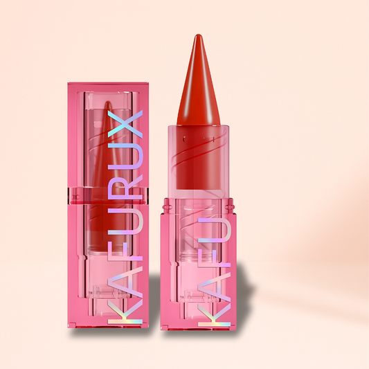 KAFURUX lipstick pen in hot coral red with minimal nude background