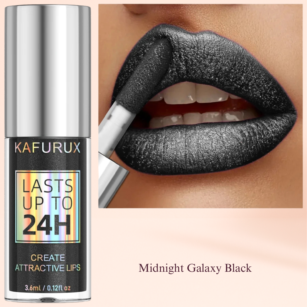 Midnight Galaxy Black lip gloss by KAFURUX – intense sparkle black gloss for USA goth glam