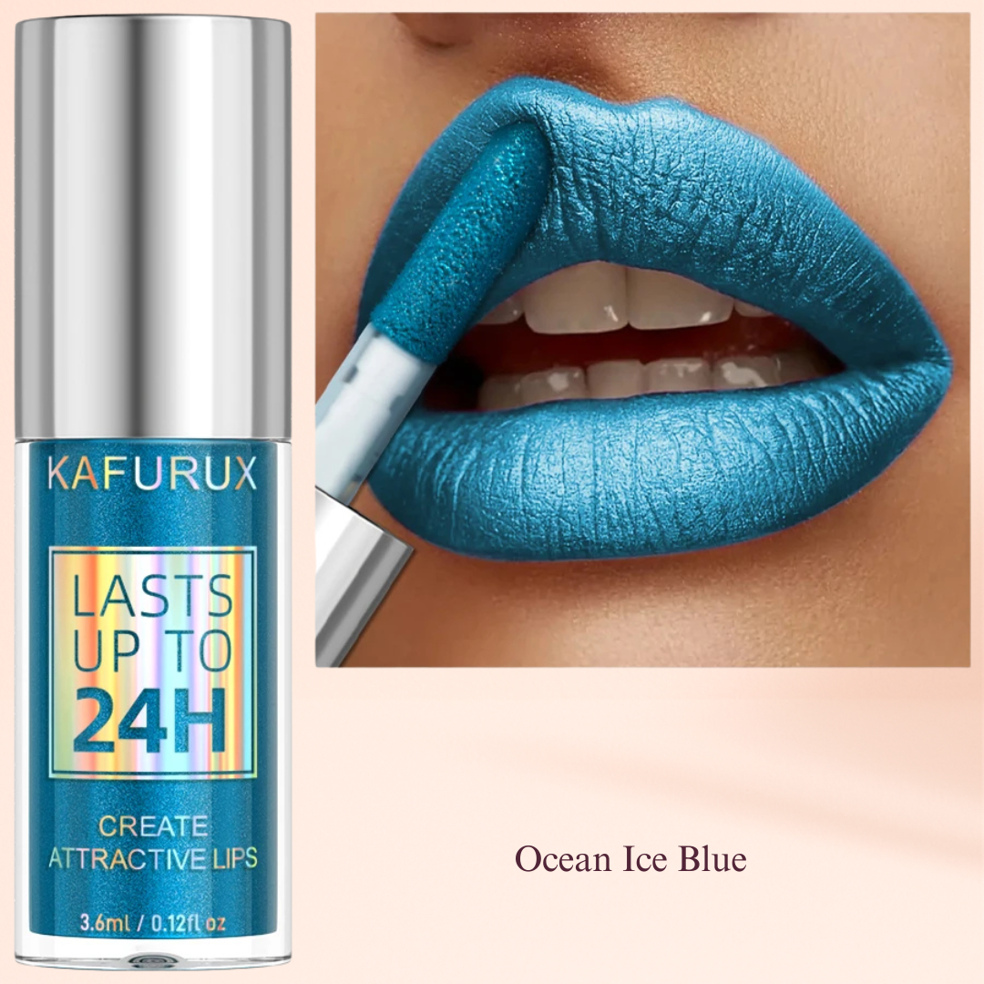 Ocean Ice Blue shimmer lip gloss by KAFURUX – cool metallic blue waterproof lips UK USA