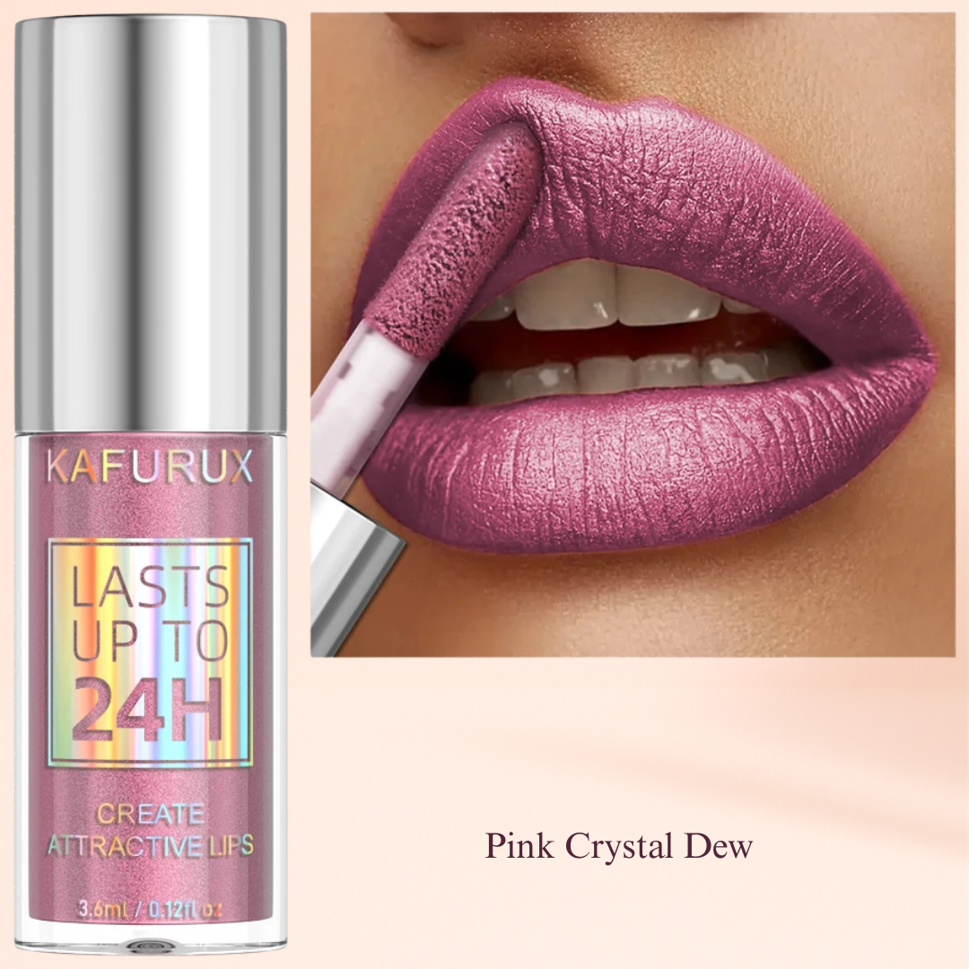 KAFURUX Pink Crystal Dew lip glaze with glitter shimmer finish, long-wear gloss for UK and US markets