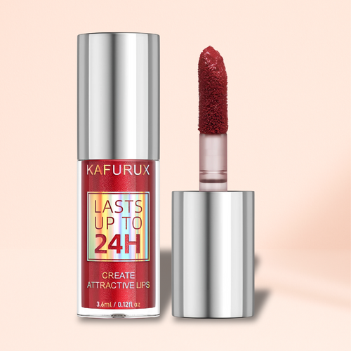 Dual view of KAFURUX red glitter gloss bottle with applicator for USA glam makeup market