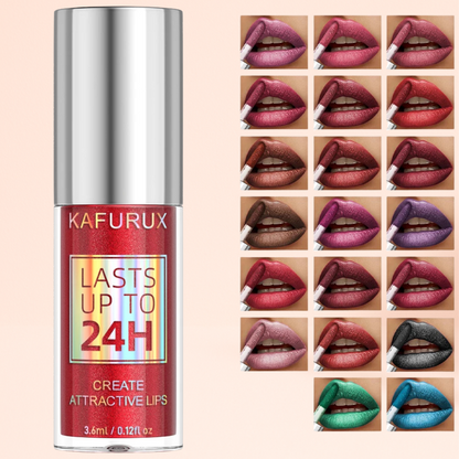 KAFURUX red shimmer lip gloss bottle with 20-shade lineup overview for EU/UK customers
