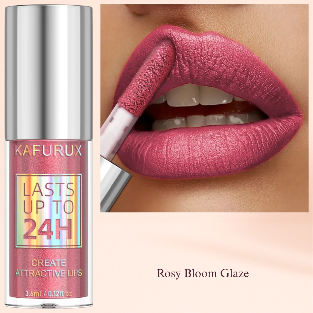 KAFURUX Rosy Bloom Glaze lip gloss with waterproof 24-hour shimmer for USA and UK glam looks