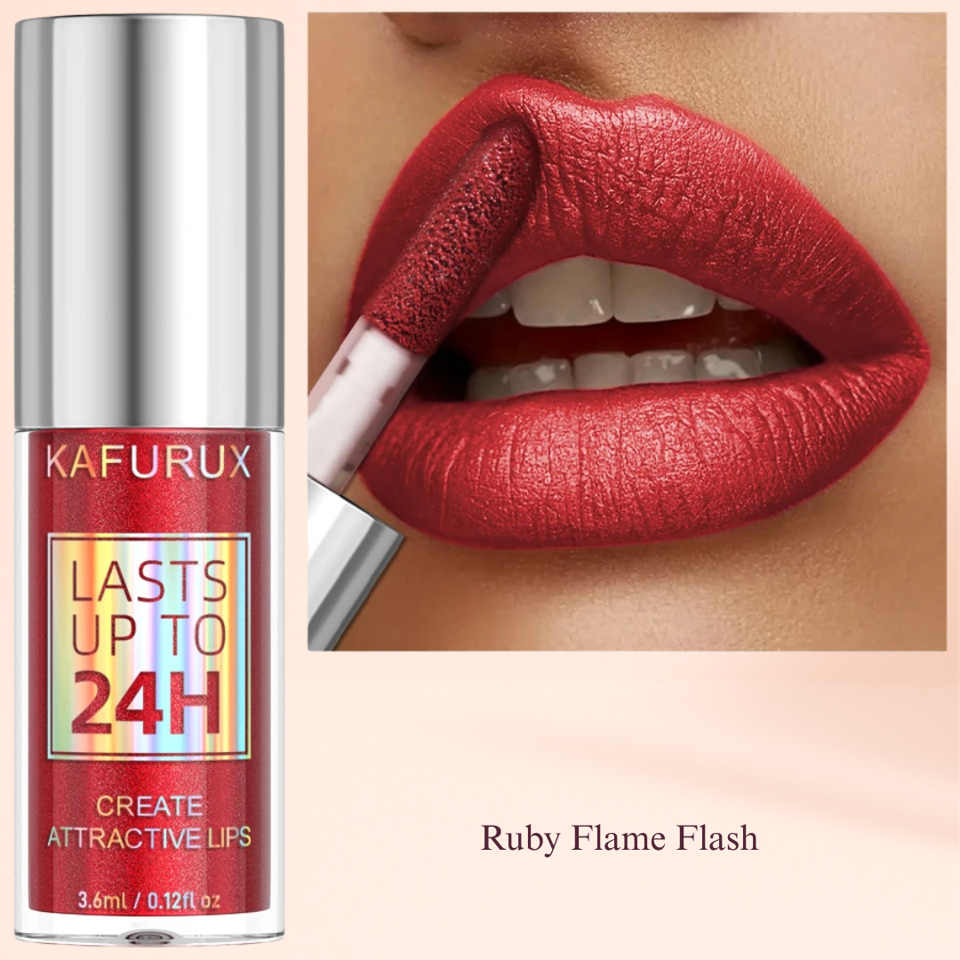 Ruby Flame Flash metallic lip gloss by KAFURUX – bold waterproof formula for US evening glam