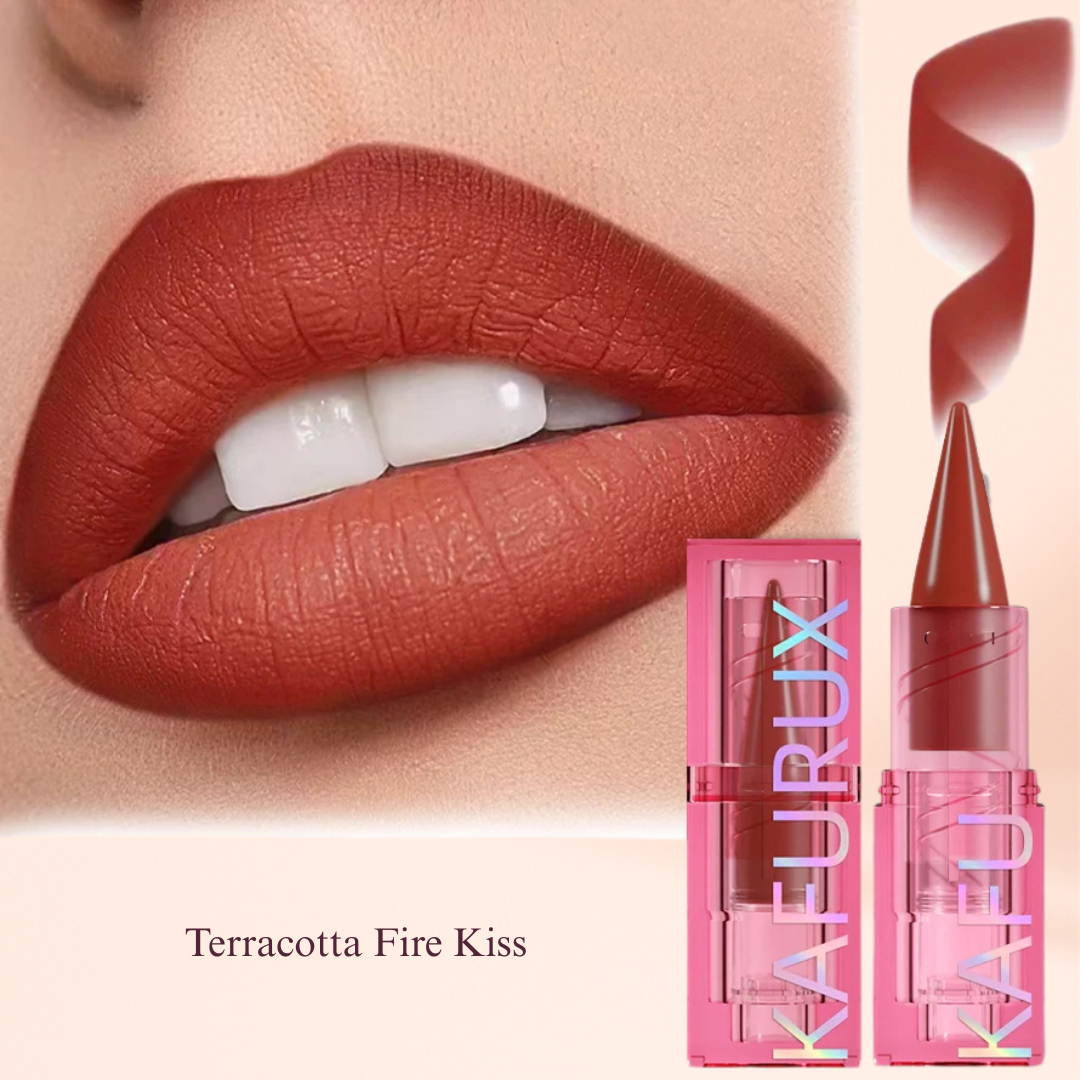 Terracotta Fire Kiss shade of KAFURUX lipstick for burnt orange matte lips