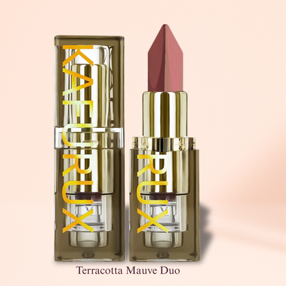 KAFURUX Terracotta Mauve Duo lipstick in earthy pink tones with luxurious golden bullet design