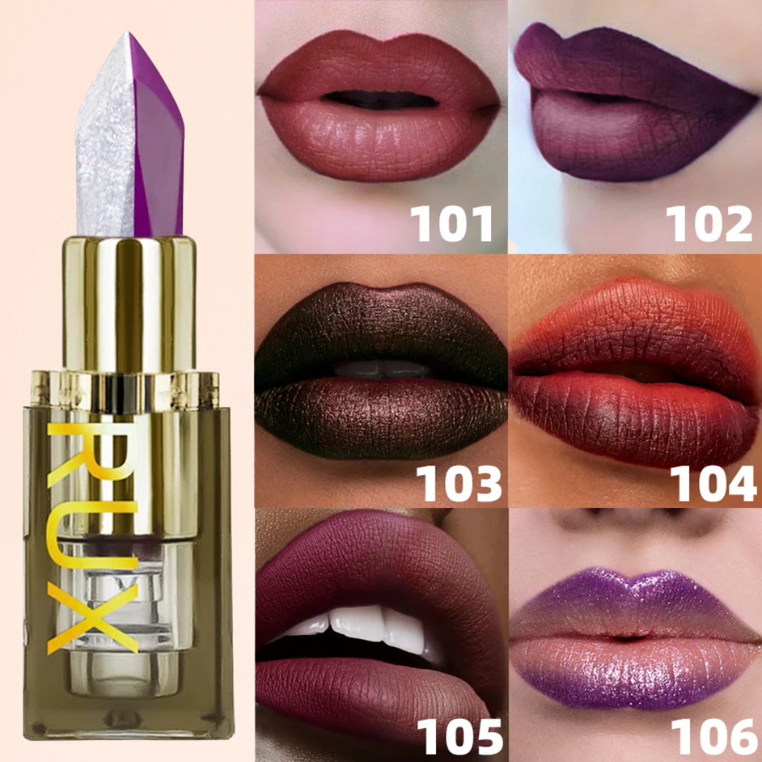 Kafurux lipstick swatches of all shades from 101 to 106 on models with shimmer and matte finishes