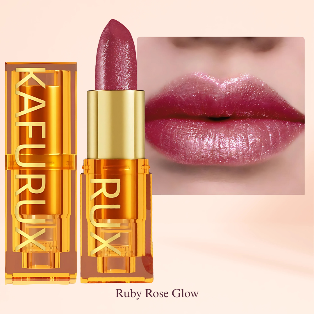 Ruby Rose Glow Metallic Lipstick Swatch with Product Tube – KAFURUX Moisturizing High-Pigment Lipstick for Women – Long-Lasting, Non-Transfer – USA UK Europe